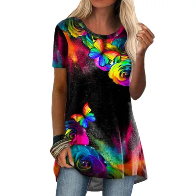 Crew Neck Casual Ethnic Style Vintage Print Short Sleeves T shirt Rainbow - Shop at LoveMi