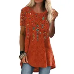 Crew Neck Casual Ethnic Style Vintage Print Short Sleeves T-shirt - T13 Orange Feather