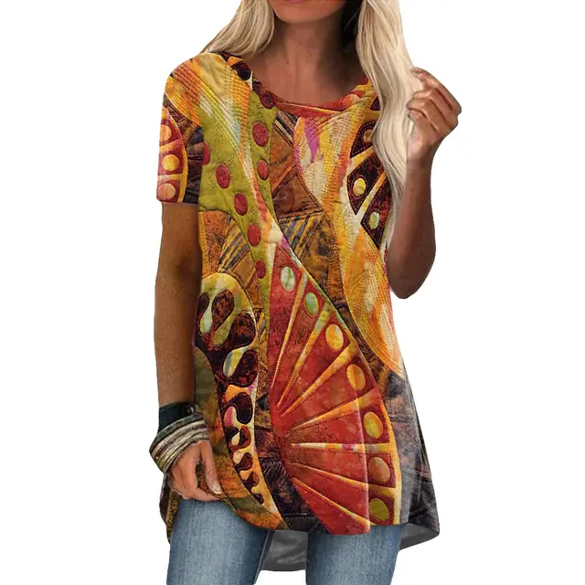 Crew Neck Casual Ethnic Style Vintage Print Short Sleeves T shirt T2 Vintage Geometric - Shop at LoveMi