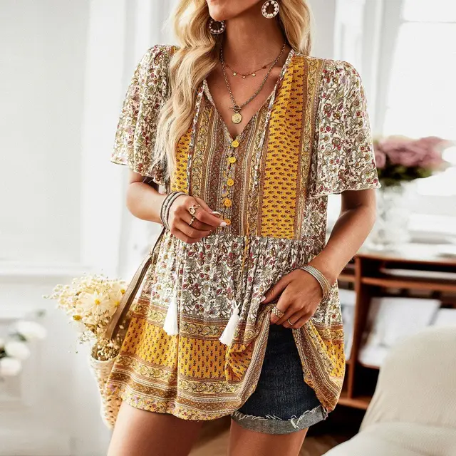 Women's Temperament Commute Printed Short sleeved Shirt Yellow - Shop at LoveMi