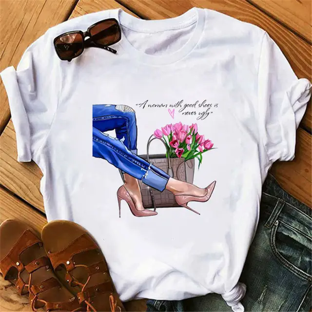 Women's High Heels Pattern Cute Loose Top T shirt 5324 - Shop at LoveMi