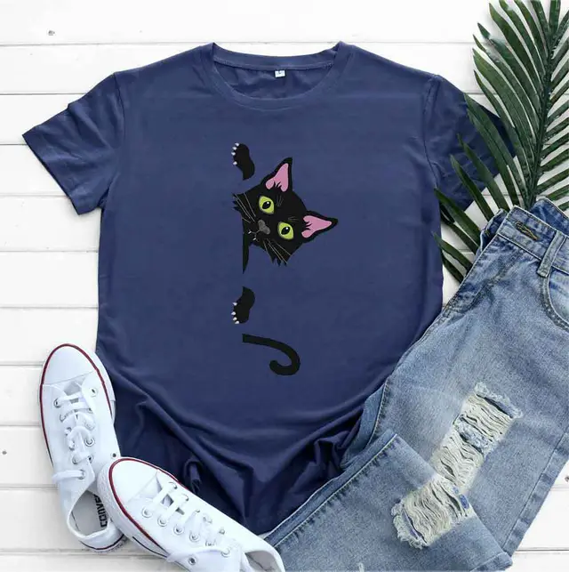 Cotton Cat Printing Short Sleeve Dark Blue - Shop at LoveMi