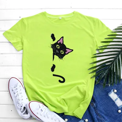Cotton Cat Printing Short Sleeve Fluorescent Green - Shop at LoveMi