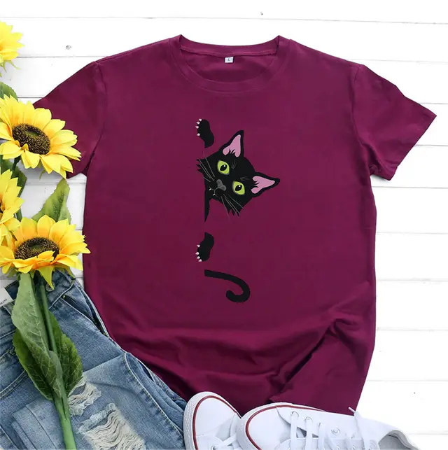 Cotton Cat Printing Short Sleeve Wine Red - Shop at LoveMi