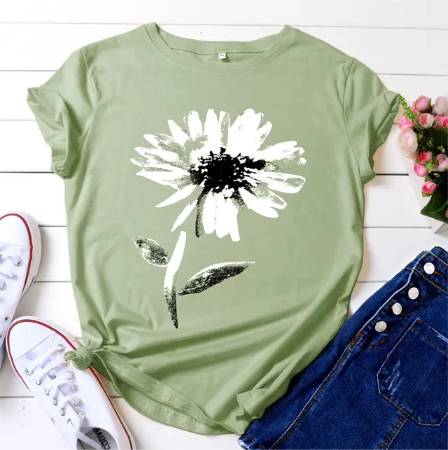Women's Floral Printed Cotton Short sleeved T shirt Top Bean Green - Shop at LoveMi