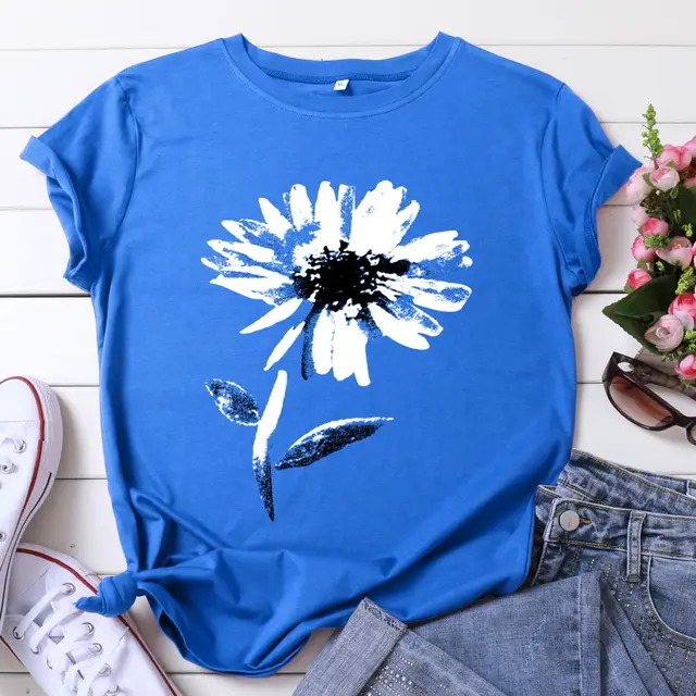 Women's Floral Printed Cotton Short sleeved T shirt Top Blue - Shop at LoveMi