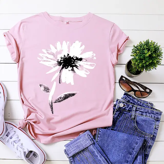 Women's Floral Printed Cotton Short sleeved T shirt Top Pink - Shop at LoveMi
