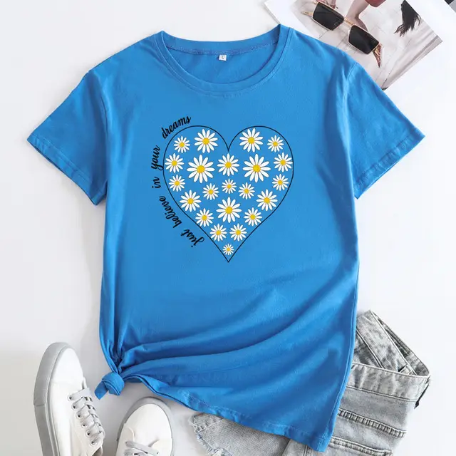 Women's Daisy Printed Cotton Round Neck Short Sleeve T shirt Blue - Shop at LoveMi