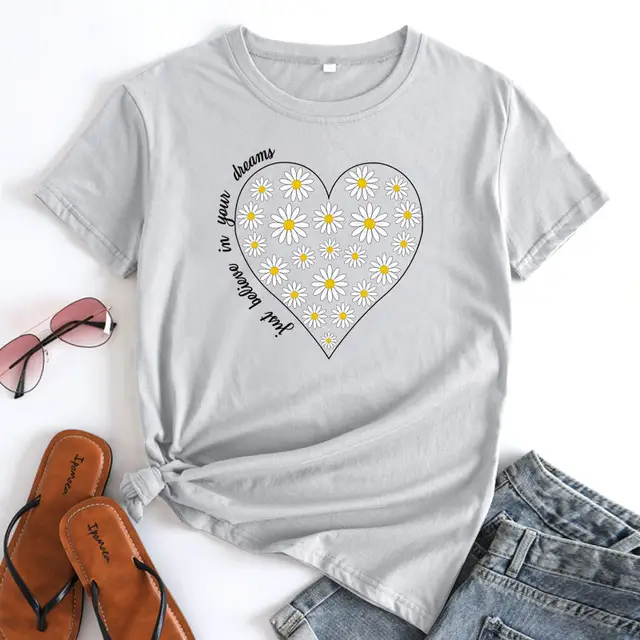 Women's Daisy Printed Cotton Round Neck Short Sleeve T shirt Light Gray - Shop at LoveMi