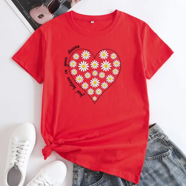 Women's Daisy Printed Cotton Round Neck Short Sleeve T shirt Red - Shop at LoveMi