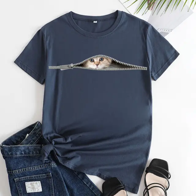 Cat Printing Cotton Round Neck Short Sleeve Women's T shirt Tops Dark Blue - Shop at LoveMi
