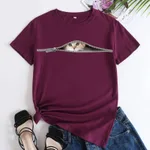 Cat Printing Cotton Round Neck Short Sleeve Women's T-shirt Tops - Wine Red