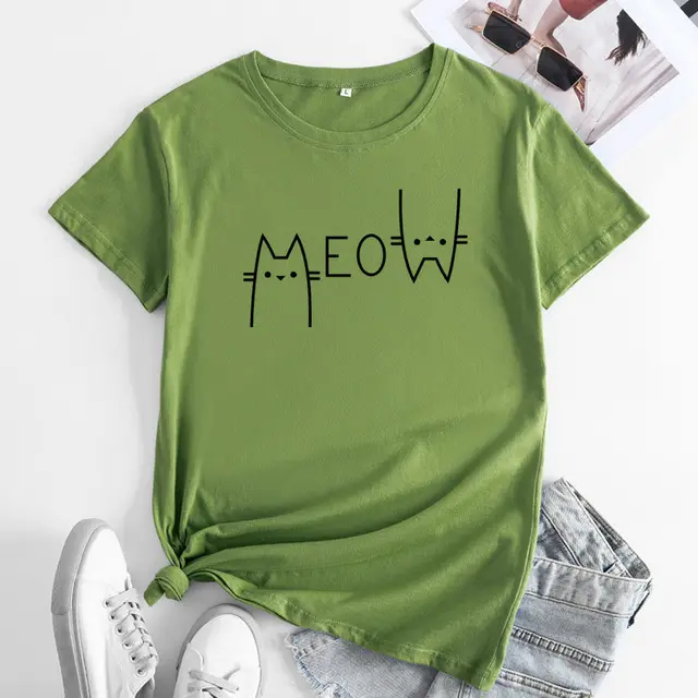 Creative Casual Cat Letter Cotton Short sleeved T shirt Women's Clothing Army Green Black Picture - Shop at LoveMi