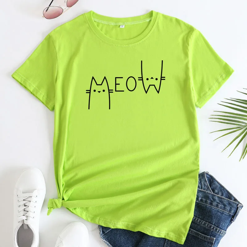 Creative Casual Cat Letter Cotton Short sleeved T shirt Women's Clothing Fluorescent Green - Shop at LoveMi