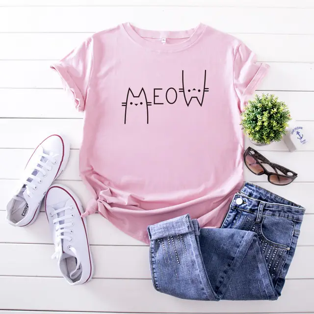 Creative Casual Cat Letter Cotton Short sleeved T shirt Women's Clothing Pink Black Picture - Shop at LoveMi