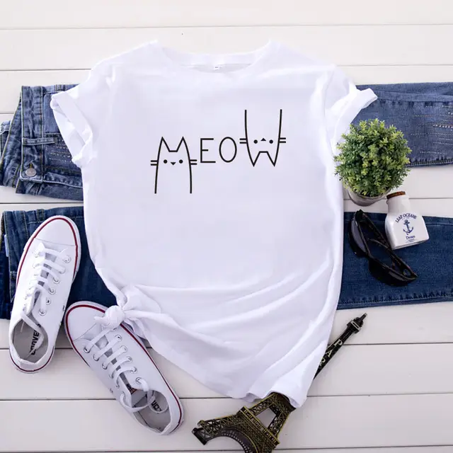 Creative Casual Cat Letter Cotton Short sleeved T shirt Women's Clothing White Black Picture - Shop at LoveMi