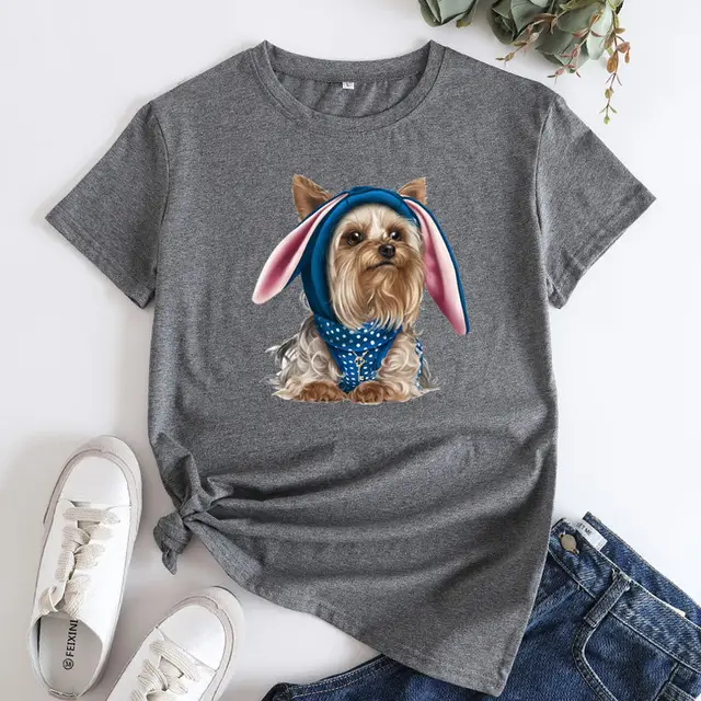 European And American Cute Dog Cotton Short sleeved T shirt Dark Gray - Shop at LoveMi