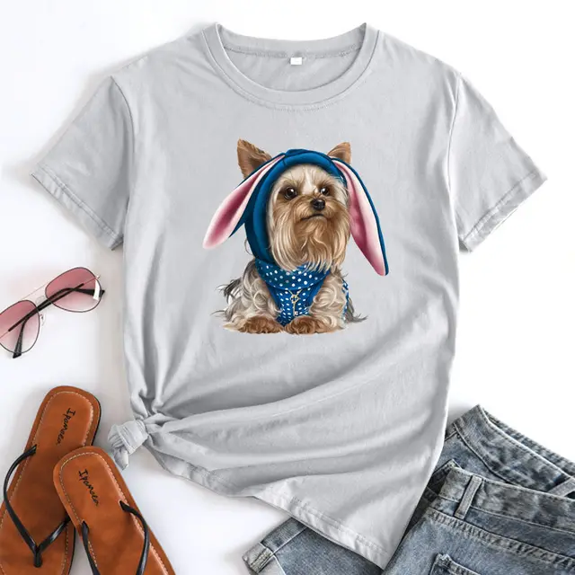 European And American Cute Dog Cotton Short sleeved T shirt Light Gray - Shop at LoveMi