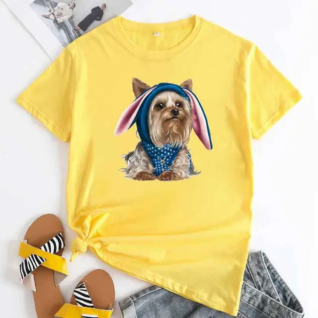 European And American Cute Dog Cotton Short sleeved T shirt Yellow - Shop at LoveMi