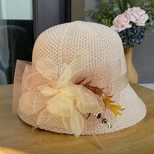 Women's Fashion Big Net Flower Knit Breathable Sun shade Beach Hat Beige - Shop at LoveMi