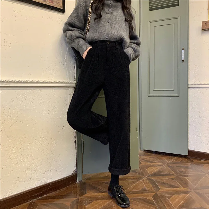 Women's Retro Corduroy Suit Versatile Casual Wide-leg Pants - Black