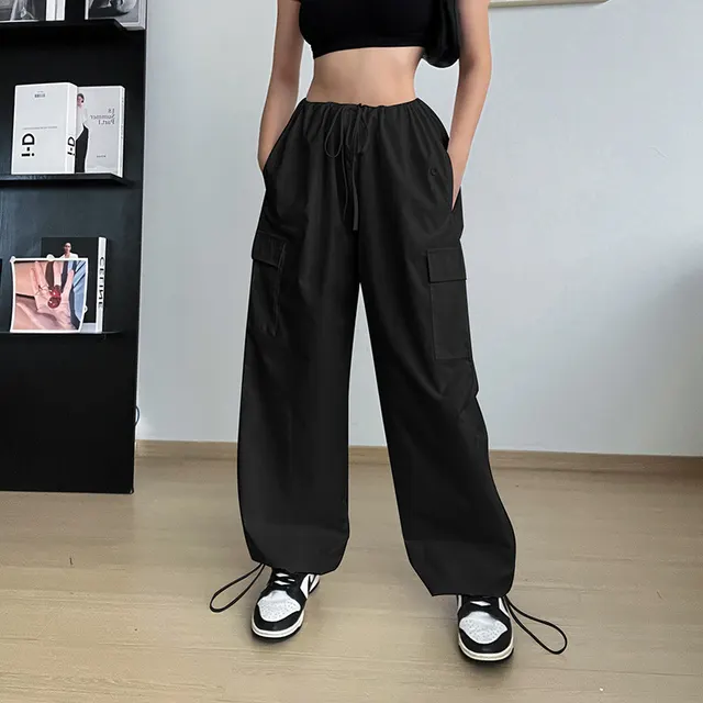 Autumn High waisted Casual Pants European And American Women's Wide Legs Loose Large Size String Straight Leg Cargo Pants Black - Shop at LoveMi