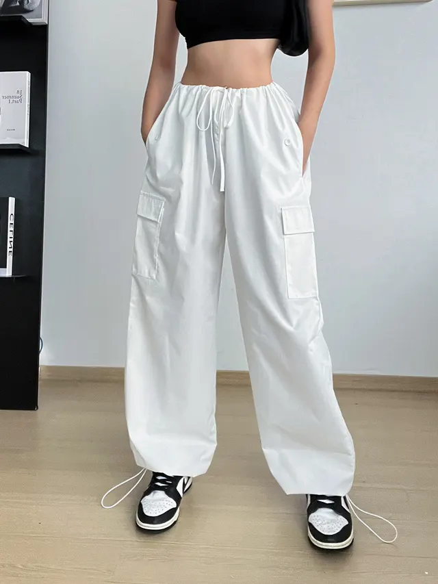 Autumn High waisted Casual Pants European And American Women's Wide Legs Loose Large Size String Straight Leg Cargo Pants White - Shop at LoveMi