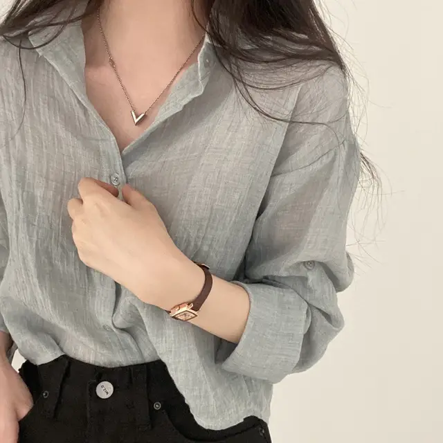 Simple Solid Color Single breasted Lapel Ruffle Long Sleeve Shirt Light Gray - Shop at LoveMi