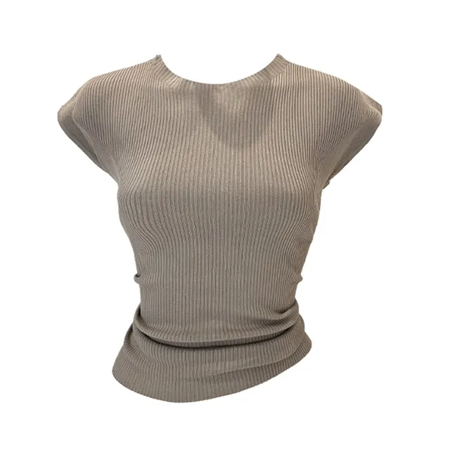 Women's Elegant Strappy Shoulder Short Sleeve Knitwear Camel - Shop at LoveMi