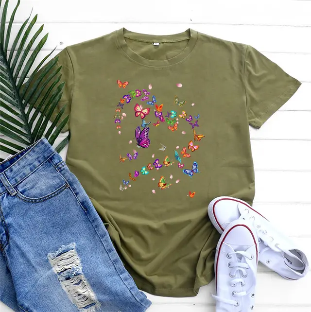 Women's Fashionable Simple Heart Butterfly Printed Round Neck Short Sleeve T shirt Army Green - Shop at LoveMi