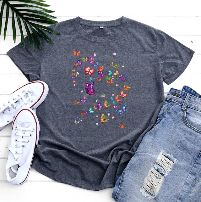 Women's Fashionable Simple Heart Butterfly Printed Round Neck Short Sleeve T shirt Dark Gray - Shop at LoveMi