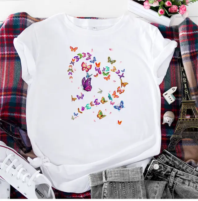 Women's Fashionable Simple Heart Butterfly Printed Round Neck Short Sleeve T shirt White - Shop at LoveMi