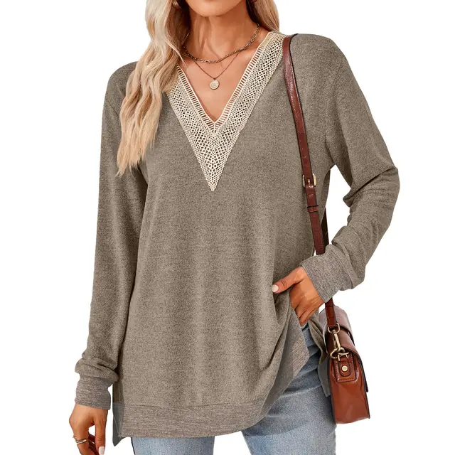 Women's Fashion V neck Lace Solid Color Loose fitting T shirt Top Khaki - Shop at LoveMi