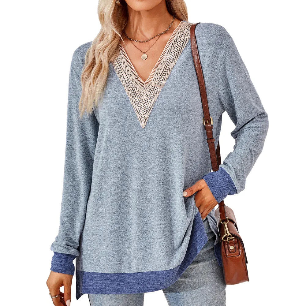 Women's Fashion V-neck Lace Solid Colour Loose-fitting T-shirt Top - Light Blue