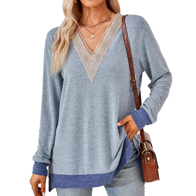 Women's Fashion V neck Lace Solid Color Loose fitting T shirt Top Light Blue - Shop at LoveMi