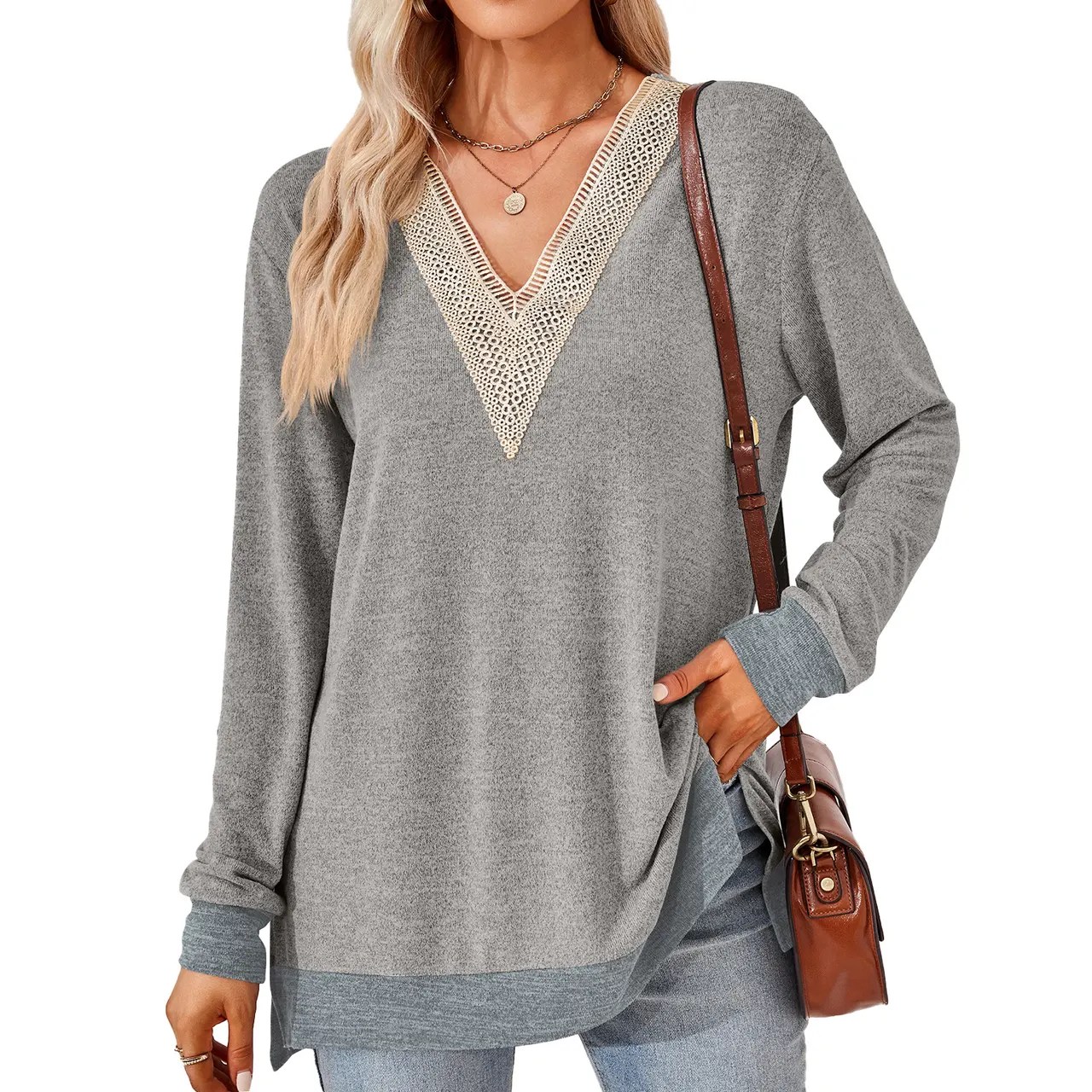 Women's Fashion V-neck Lace Solid Color Loose-fitting T-shirt Top - Light Gray