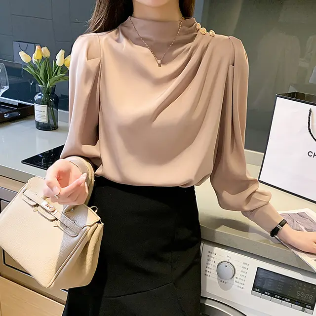 Stand Collar Pleated Lantern Sleeve Long Sleeve Top Loose Women's Shirt Nude Pink - Shop at LoveMi