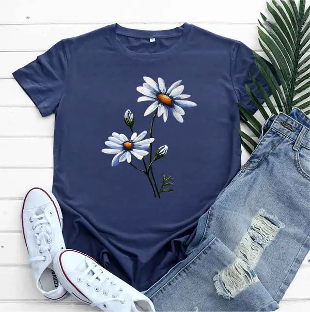Women's Fashion Flower Print Round Neck Short Sleeve T shirt Dark Blue - Shop at LoveMi