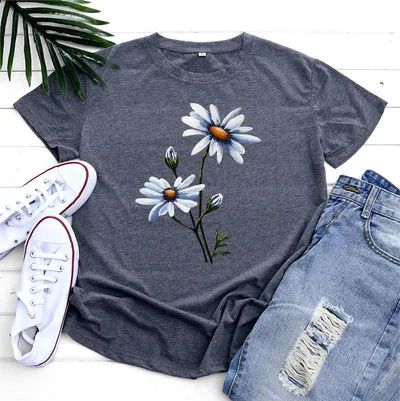 Women's Fashion Flower Print Round Neck Short Sleeve T shirt Dark Gray - Shop at LoveMi