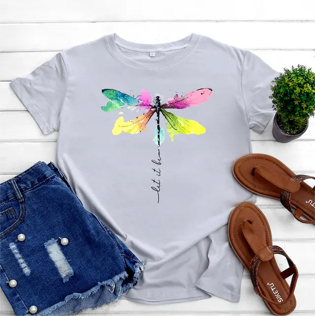 Women's Fashion Casual Dragonfly Printed Round Neck Short Sleeve T shirt Top Light Gray - Shop at LoveMi