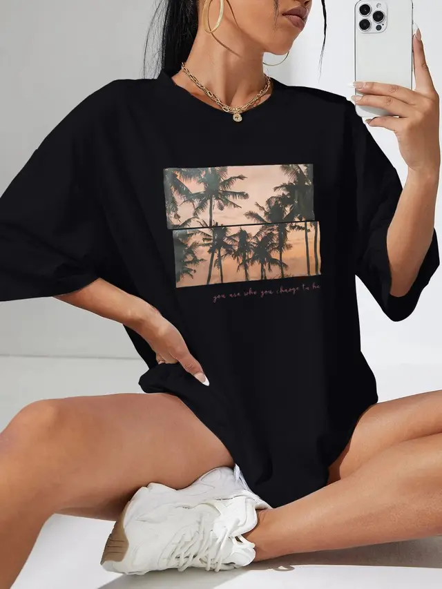 Printed Round Neck Loose Short Sleeves 40Cotton - Shop at LoveMi