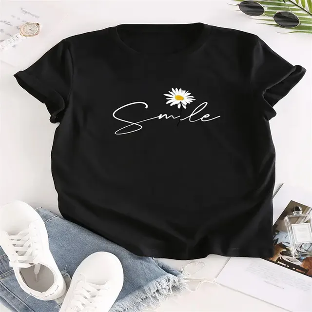 Women's Fashion Casual Daisy Print Short Sleeve T shirt Top Black - Shop at LoveMi