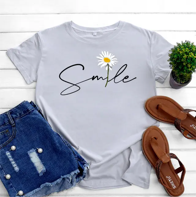 Women's Fashion Casual Daisy Print Short Sleeve T shirt Top Light Gray Black Picture - Shop at LoveMi