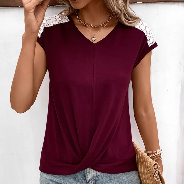 European And American Hollow Lace V neck Patchwork Casual And Comfortable Short Sleeve Wine Red - Shop at LoveMi