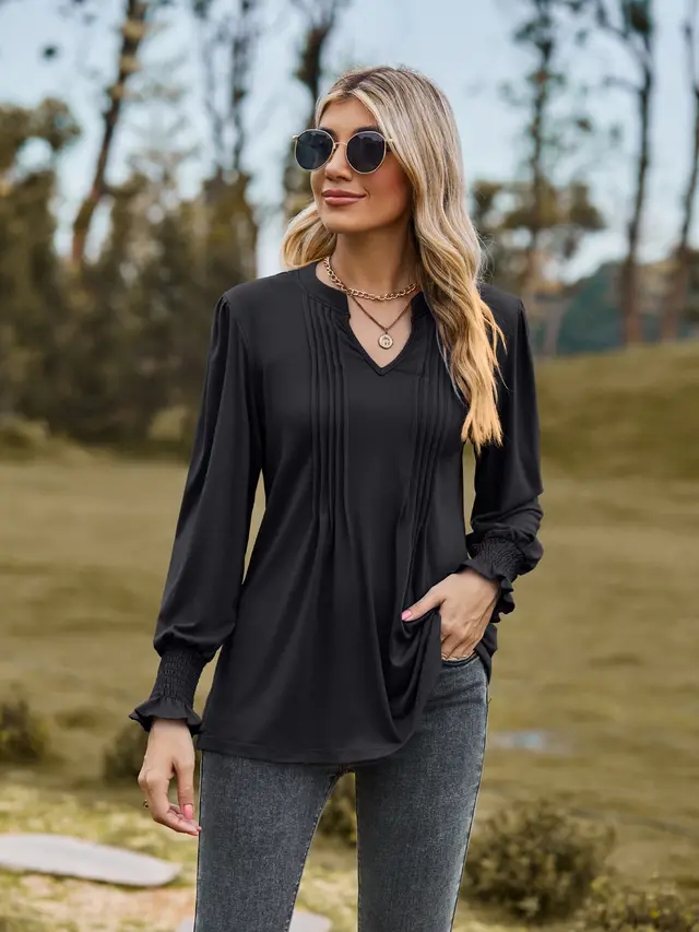 Women's Solid Color Striped Puff Sleeve V neck Smocking Long Sleeve Top Black - Shop at LoveMi