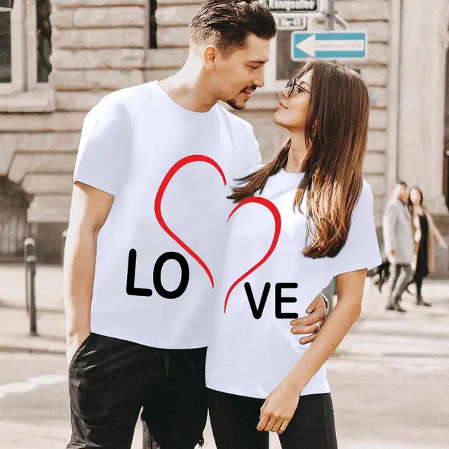 Stitching LOVE Couple Wear Round Neck Loose Print White - Shop at LoveMi