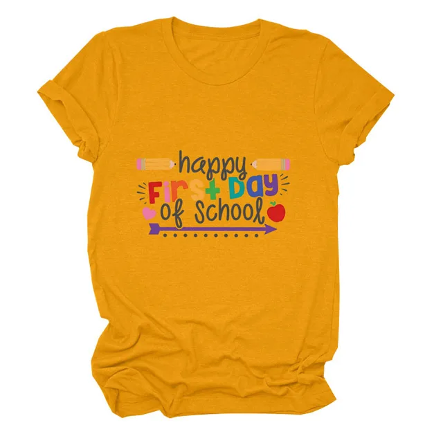 Loose Women's Short sleeved Shirt Happy First Day Of School Mustard Yellow Color Picture - Shop at LoveMi