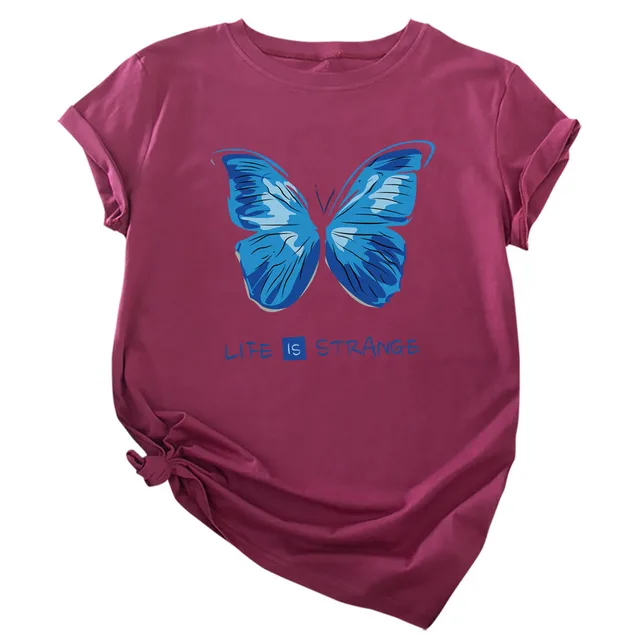Printed Cotton Short Sleeve T shirt Top Wine Red - Shop at LoveMi