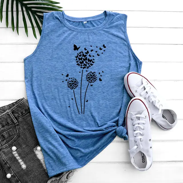 Dandelion Printing Bottoming Sleeveless Vest Blue With Black Writing - Shop at LoveMi