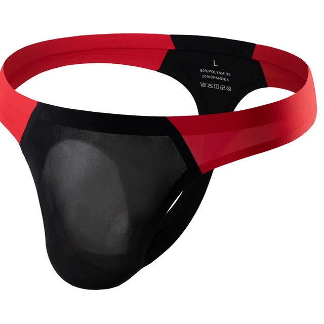 High end T back Men's Seamless Punch Bag Underwear Ice Silk T shaped Panties Black Red - Shop at LoveMi